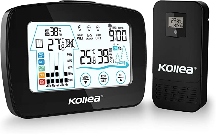 Kollea Weather Station, Room Temperature Humidity Gauge with Outdoor Sensor, Digital Thermometer Hygrometer, Frost Humidity Warning, LCD Touch Screen for Home Office Baby Room