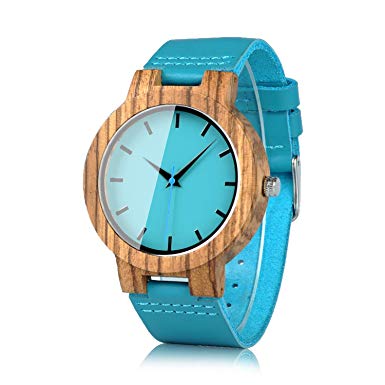 BOBO BIRD Mens Women's Bamboo Wooden Watch with Blue Cowhide Leather Strap Casual Watches for Love Gift with Box