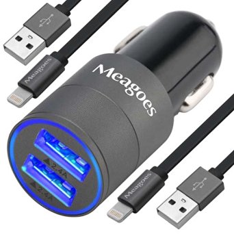 Meagoes Fast USB Car Charger (4.8A / 24W) with 2-Pack 3.3ft Lightning to USB Cable for Apple Iphone 6s/6s Plus/6/6 Plus/5s/5c/5/4s/3, Ipad, Ipod, and More [Space Gray]