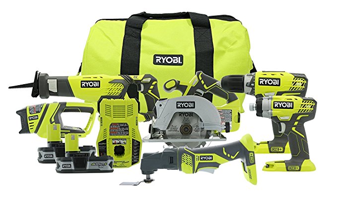 Ryobi P884 One  Combination Lithium Ion Cordless Power Tool Set (6 x Power Tools, 2 x Compact Lithium Ion Batteries, 1 x Charger, 1 x Contractor’s Bag)