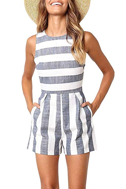 Sofia's Choice Women Summer Striped Sleeveless Wide Short Pants Rompers Jumpsuits with Pockets