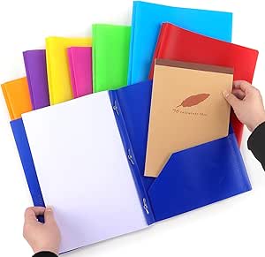 8 Pack Plastic File Folder with Pockets and Prongs, Heavy Duty 3 Hole Two Pocket Folder with Pockets 3 Prong Folders, Colored Plastic Folder for School Office Home