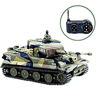 BlueFit German Tiger I Panzer Tank with Remote Control, Battery, Light, Sound, Rotating Turret and Recoil Action When Cannon Artillery Shoots, Mini 1:72 Scale, Assorted Color