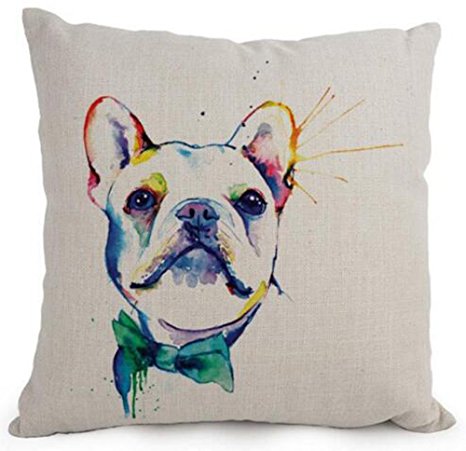Cotton Linen Cartoon Lovely Animal Abstract Oil Painting Adorable Pet Dogs French Bulldog Throw Pillow Covers Cushion Cover Decorative Sofa Bedroom Living Room Square 18 Inches