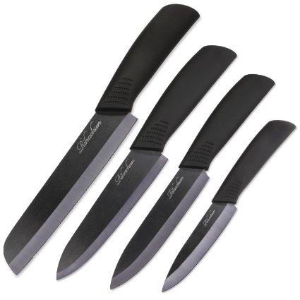 Ceramic Knife Set - 4 Pieces: 6" Bread Knife&6" Chef, 5" Utility / Slicing , 4" Fruit / Paring Knives（FDA approval）