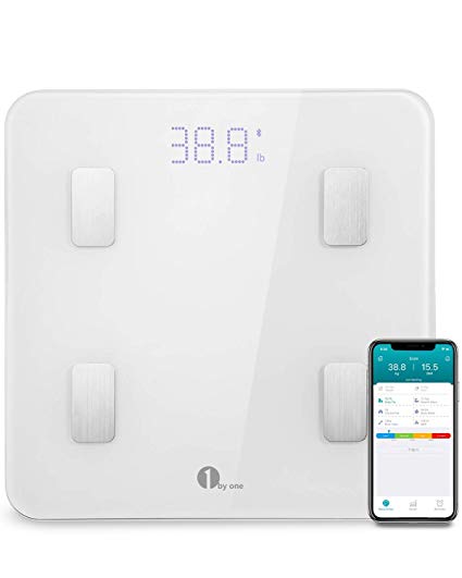 1byone Bluetooth Body Fat Scale with IOS and Android App Smart Wireless Digital Bathroom Scale for Body weight, Body Fat, Water, Muscle Mass, BMI, BMR, Bone Mass and Visceral Fat, White