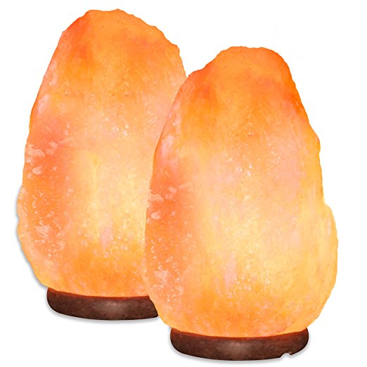 7 to 8 Inch Natural Himalayan Hand Carved Salt Lamp with Wood Base, 6ft Cord with Dimmer Switch and with 15W Bulb - 2 Pack