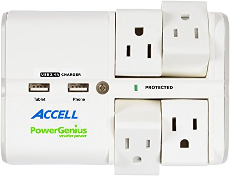 Accell D080B-024K PowerGenius(TM) Rotating 4-Outlet Surge Protector Wall Tap with Dual USB Charging - 540 Joules, 2.4A USB Output, UL Listed