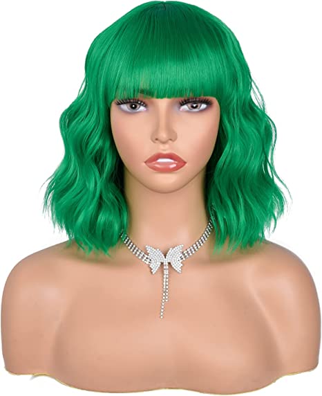ANNIVIA Short Bob Wigs With Air Bangs For Women Curly Wavy Synthetic Cosplay Shoulder Length Wig Bob Wig for Girl Daily Wigs (Dark Green)
