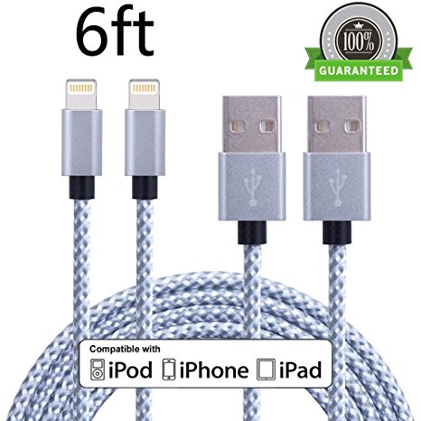 ONSON iPhone Cable,2Pack 6FT Nylon Braided Cord Apple Lightning Cable Certified to USB Charging Charger for iPhone 7/7 Plus/6/6 Plus/6S/6S Plus,SE/5S/5,iPad,iPod Nano 7 (Gray White,6FT)