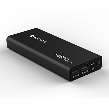 Power Bank Kinps 16800mAh Dual Ports Aluminum Case 2rd Generation Li-Polymer Battery Power Bank with Fast Smart Charging Technology for Phones Tablets and More Devices. (Black)