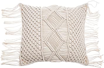 RISEON Bohemia Handmade Cotton Macrame Fringe Throw Pillow Cases Cover Pillowcases for Couch Sofa Boho Home Decor gift-18 x 18 inches,Off White (D)