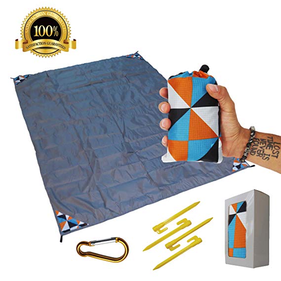 Sand Free Compact Beach Blanket - Pocket Picnic Sheet For Outdoor Multiple Use | Best Mat For Travel & Festivals, Soft & Quick Drying With 4 Portable Tent Pegs and a Unique Gift Box