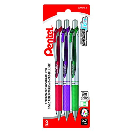 Pentel EnerGel Retractable Liquid Gel Roller, 0.7mm Medium Point Size, 3 Pack, Red, Green, Violet