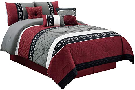 Chezmoi Collection 7-Piece Burgundy Red, Black, Gray, White Pleated Striped Diamond Quilted Embroidered Comforter Set, Queen