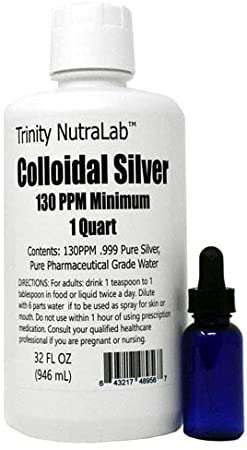 Trinity NutraLab 130PPM Colloidal Silver (1 Quart). Certified Lab Tested, 100% Pure & Natural. Nothing Added.