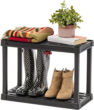 IRIS USA 2-Tier Shelving Unit, 17'' Fixed Height, Medium Storage Organizer for Home, Shoe Rack Entryway, Garage, Closet, and Laundry Room, 24''W x 12''D x 17"H, Made with Recycled Materials, Black