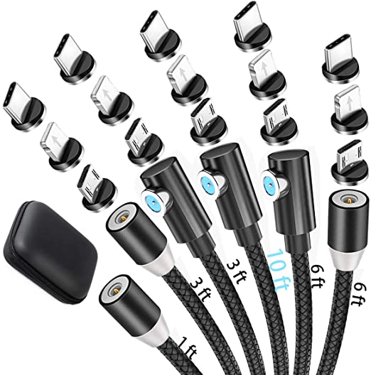 Utotrip Magnetic Charging Cable,(6-Pack,1ft/3ft/3ft/6ft/6ft/10ft) Magnetic Phone Charger,3-in-1 USB Magnetic Cable Compatible Micro USB,Type C and iProducts(Black,Gen 1)