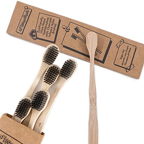 Wide Head Bamboo Toothbrush with Extra Soft Charcoal Bristles - Eco Friendly, Biodegradable Tooth Brush, | Ergonomic Handles Made from Sustainable Bamboo | 6 Pack