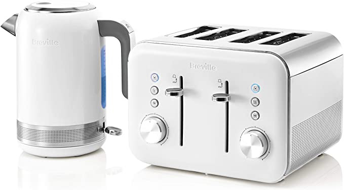 Breville High Gloss Kettle & Toaster Set with 4 Slice Toaster & Electric Tea Kettle (3kW Fast Boil), White with Chrome Trim