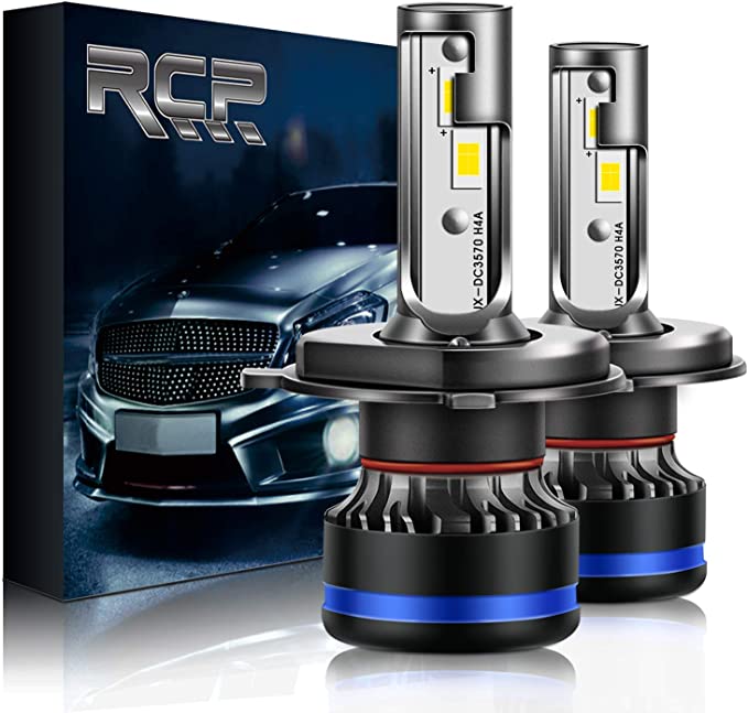 RCP H4 9003 HB2 Upgraded LED Headlight Bulbs, 6000K Bright White, Mini Sized High and Low Beam Headlamp Conversion Kit, 2 Pack