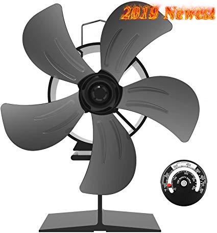 KINDEN Wood Stove Fan 5-Blade - Heat Powered Fireplace Fans for Log Burner Ultra Quiet Eco-Friendly with Stove Thermometer (Aluminium Black)