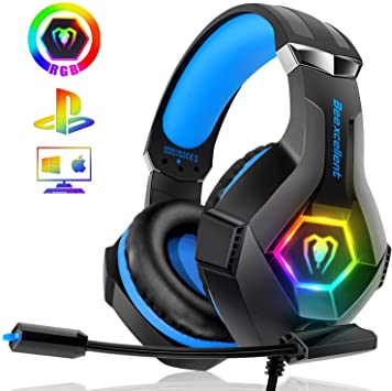 Beexcellent Gaming Headset PS4 Headset Pro 7.1 Surround Sound Noise Canceling Flexible Mic with 2pcs Mic Cover RGB LED Light Memory Earmuffs for Xbox one Nintendo Switch PC