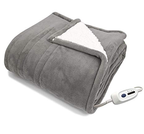 MARQUESS Heated Electric Throw Blanket Flannel & Sherpa Extra Soft, Brushed Long Fur with 4-Setting Heat Controller, Washable & Reversible (50x60, Grey)