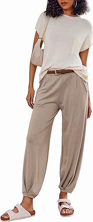 Ekouaer Women's 2 Piece Lounge Set Cap Sleeve Tops and Jogger Pants Knit Pajama Sweatsuit S-XXL