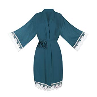 ellenwell Women's Cotton Knit Kimono Robe for Bride and Bridesmaid with Lace Trim Nightwear