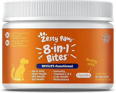 Zesty Paws Multifunctional Supplements for Dogs - Glucosamine Chondroitin for Joint Support, Probiotics for Gut & Immune Health – Omega Fish Oil with Antioxidants for Skin & Heart Health - 50 Count