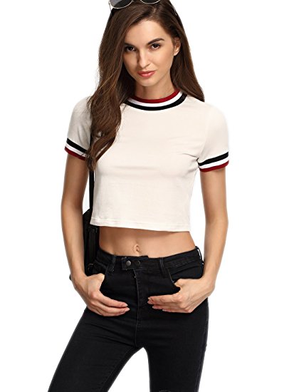 ROMWE Women's Slim Short Sleeve Casual Cute T-Shirt Crop Top