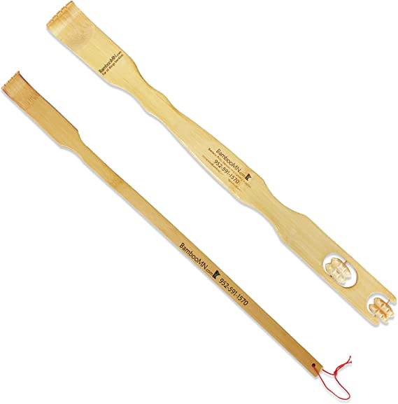 BambooMN 1 Pieces 17" Bamboo Backscratcher Knobby Massage Roller Handle Plus Free Travel Size Back Scratcher for Itching Relief, 100% Natural Bamboo