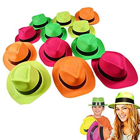 Dazzling Toys Neon Colored Plastic Gangster Hats Kids Costume Party Booth Hats 24 Pack