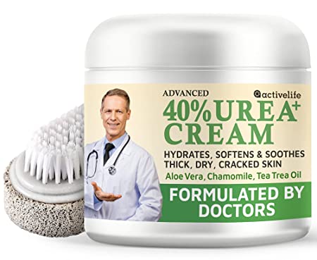 Activelife 40% Urea Moisturizer Cream - Formulated by Doctors - Callus Remover - Moisturizes Body and Rehydrates Dry, Cracked, Rough Dead Skin of Feet, Hands and Elbows - Free Pumice Stone and Exfoliating Brush