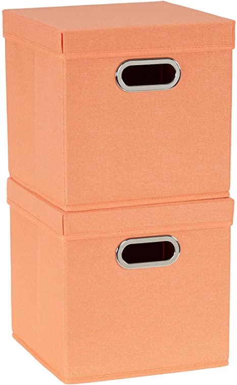 Household Essentials 808-1 Café Cube Bin Storage Set with Lids and Handles | 2 Pack, Orange Linen