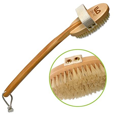 Premium Dry Brush for Cellulite and Lymphatic Massage for Glowing Tighter Skin – Plastic-Free Natural Bristle Body Brush with Long Handle to Easily Exfoliate Dry Skin