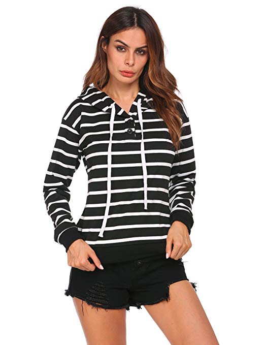 EASTHER Women’s Long Sleeve Striped Hooded Pullover Hoodie Sports Casual Tops