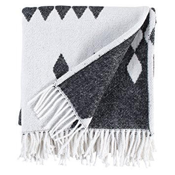 Rivet Colorful Geometric Diamond Jacquard Reversible Throw Blanket, 50"x60", Black/White