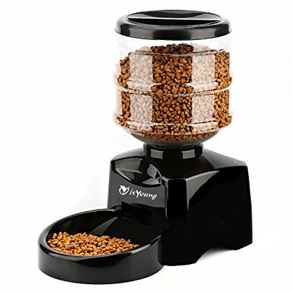 isYoung 5.5L Automatic Pet Feeder Electronic Control Feeder with Big LCD Screen and Voice Record - For Cats and Dogs.