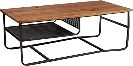 Amazon Brand - Rivet Rectangular Coffee Table with Solid Wood Table Top & Metal Shelf, 110 x 60 x 40cm, Elm Wood/Black Metal Base