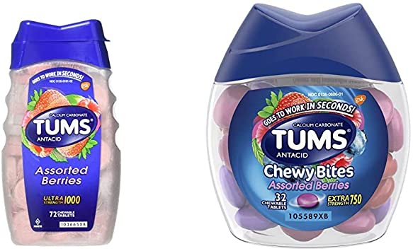 Tums Ultra Strength 1000 Antacid, Assorted Berries, 72 Tablets and TUMS Chewy Bites Assorted Berries Antacid Hard Shell Chews for Heartburn Relief, 32 Count