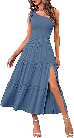 MEROKEETY Women's Summer One Shoulder Sleeveless Knot Smocked Midi Dress Split Tiered Flowy Dresses