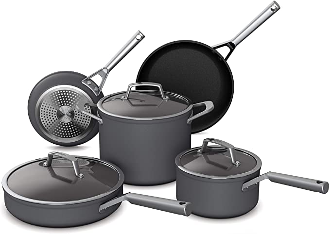 Ninja C38000 Foodi NeverStick Premium Hard-Anodized Cookware Set Nonstick Durable Double-Riveted Handles and Oven Safe up to 500 Degrees, Aluminum, Slate Gray