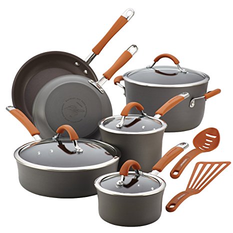 Rachael Ray Cucina Hard-Anodized Aluminum Nonstick Cookware Set, 12-Piece, Gray, Pumpkin Orange Handles