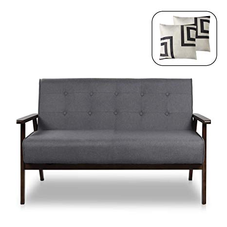 Mid-Century Modern Solid Loveseat Sofa Bed Upholstered Fabric Couch 2-Seat Wood Armchair Living Room/Outdoor Lounge Chair,50”W (Fabric)