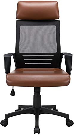 Yaheetech Ergonomic Office Chair Adjustable and Swivel Desk Chair with Mesh Lumbar Support and PU Leather Paded Seat