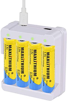 AA Rechargeable Batteries Lithium-ion, 1.5v Constant Voltage Output Double A Battery, 2800 mWh,4 Count with Charger, Maxlithium