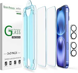 amFilm Auto-Alignment OneTouch for iPhone 16 Plus [6.7''] Screen Protector   Camera Lens Protector, Tempered Glass, 30 seconds Installation, Bubble Free, Case Friendly, Anti-Scratch [2 2 Pack]