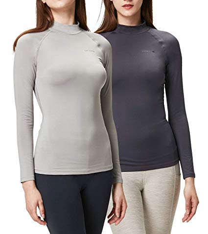 DEVOPS Women's 2 Pack Thermal Heat-Chain Compression Baselayer Tops Mock Turtleneck Long Sleeve T-Shirts